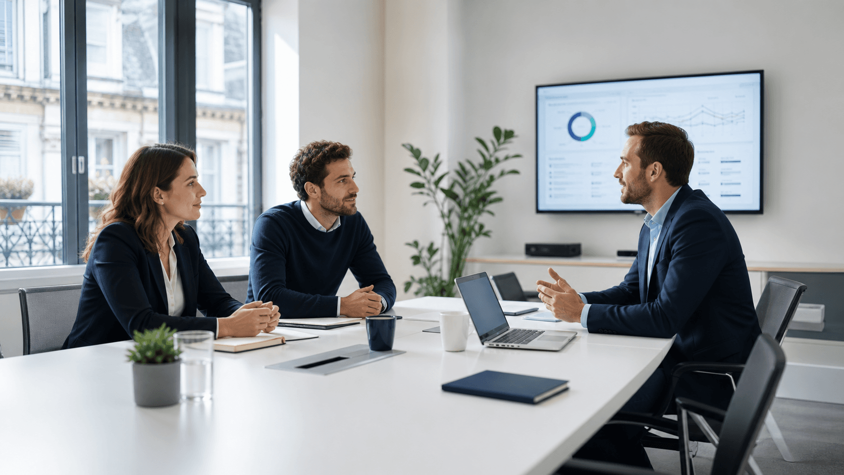 Consultation cybersécurité dans une salle de réunion lumineuse